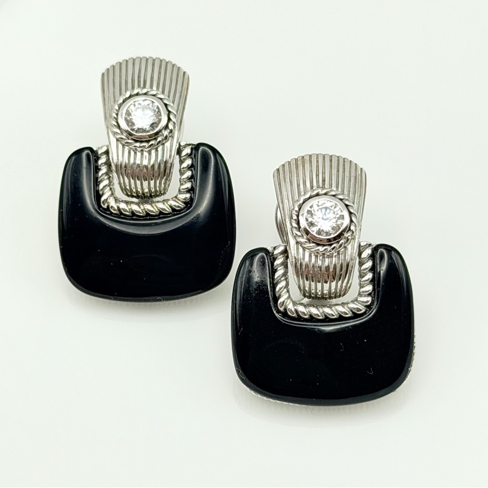 Judith Ripka 925 Sterling Silver Black Onyx CZ Door Knocker Clip-On Earrings